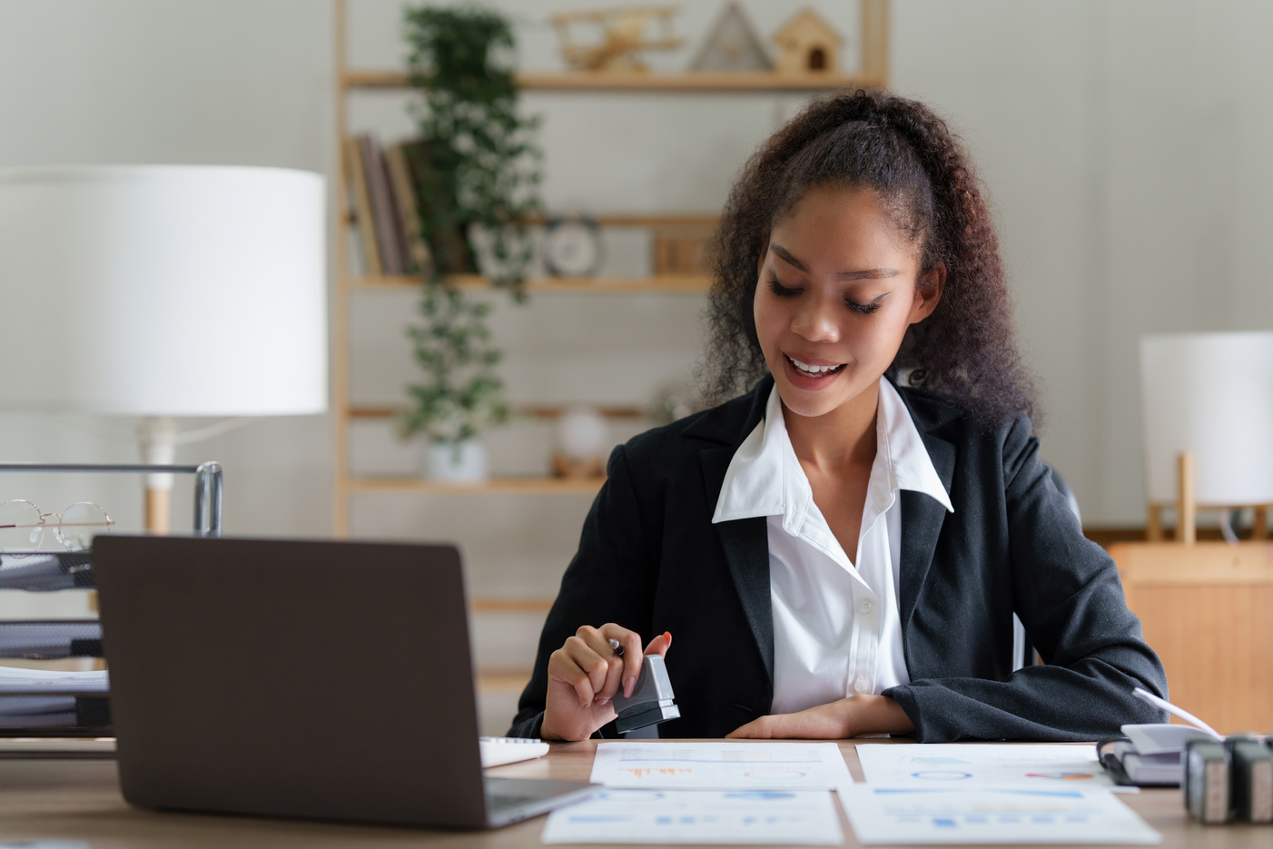 Business Accountant woman Hand Stamping On Cash on bill. finance
